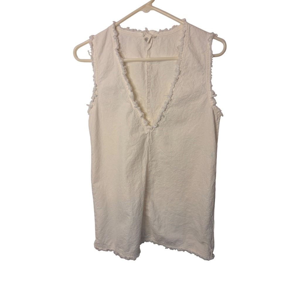 Silence + Noise Womens Top XS White Linen Blend Frayed V-Neck Boho Minimalist